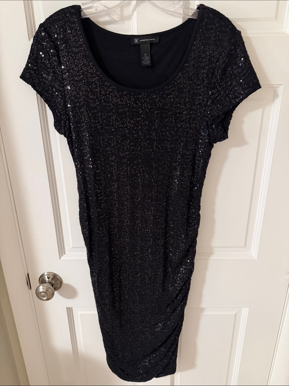 INC International Concepts Black Sequin Short
Sleeve Ruched Bodycon Midi Dress M